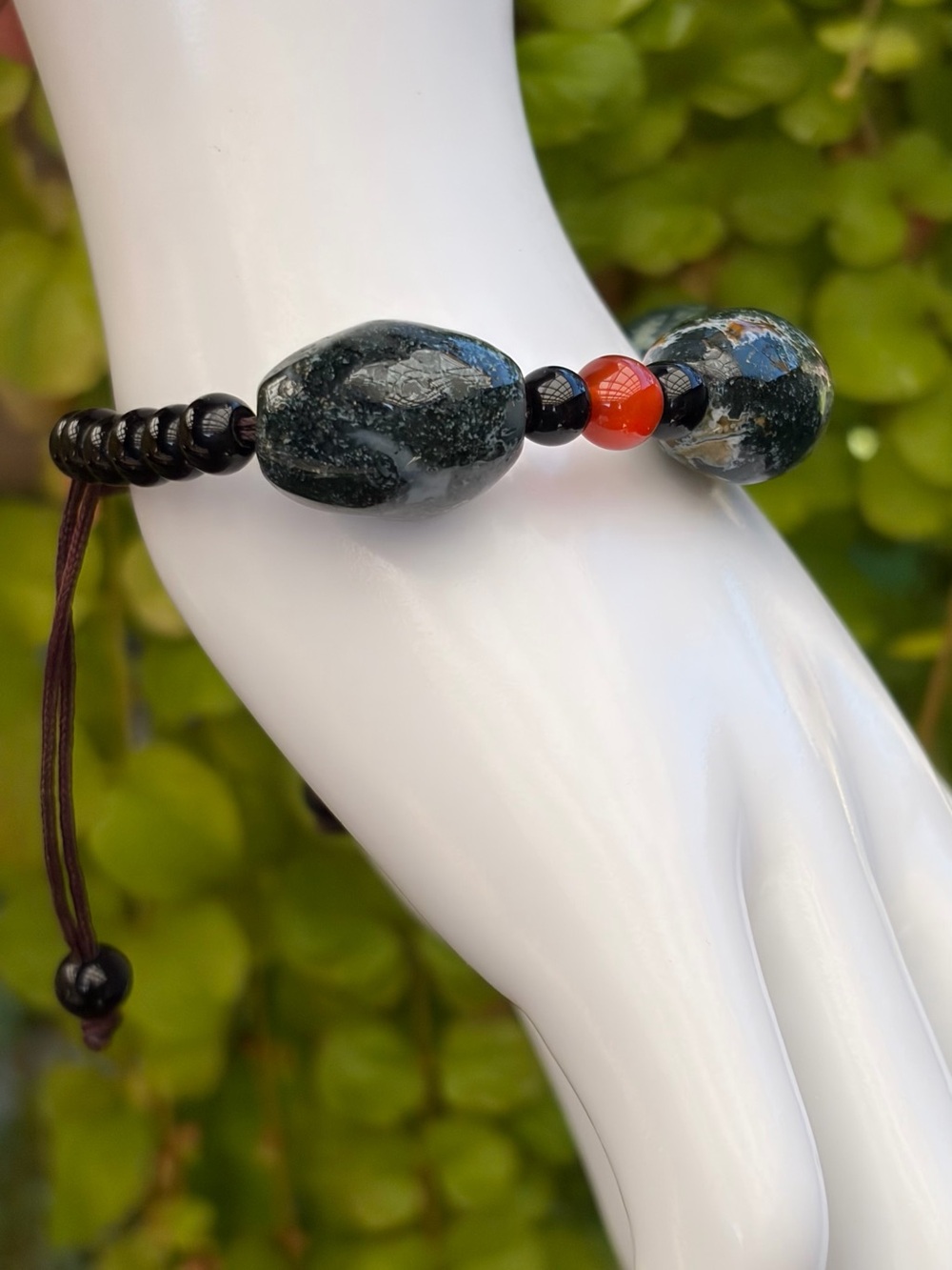 Adjustable Cord Beaded Stone Bracelet Black & Green Oval Stone w/ Orange Unisex
